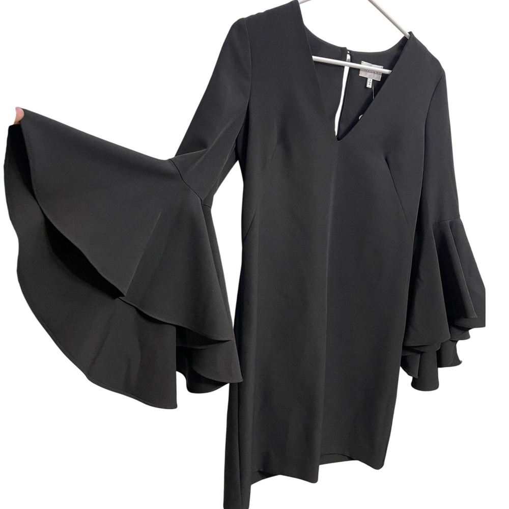 NWT Milly Black Bell Sleeve Mini Shift Dress Size 2 Ruffle Cocktail LBD $380